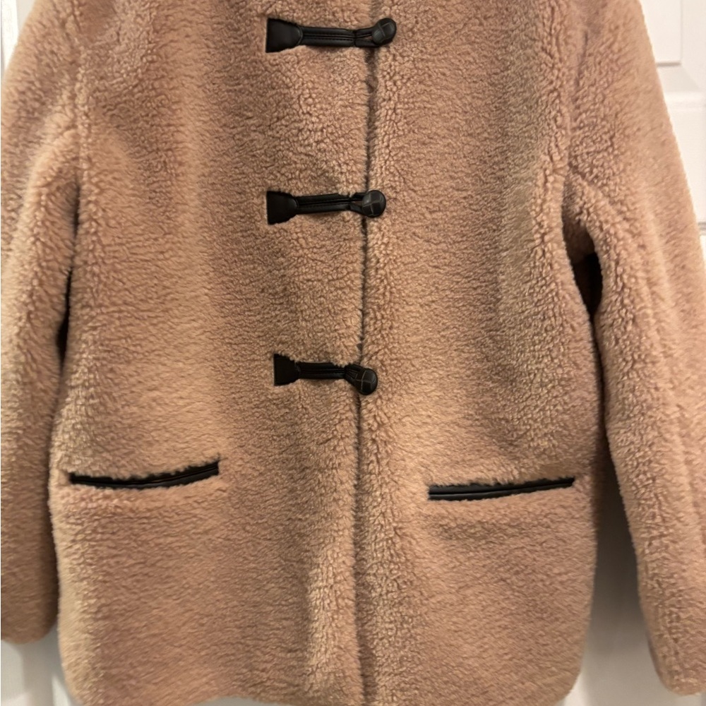 J. Crew Tan Teddy Jacket with Black Trim